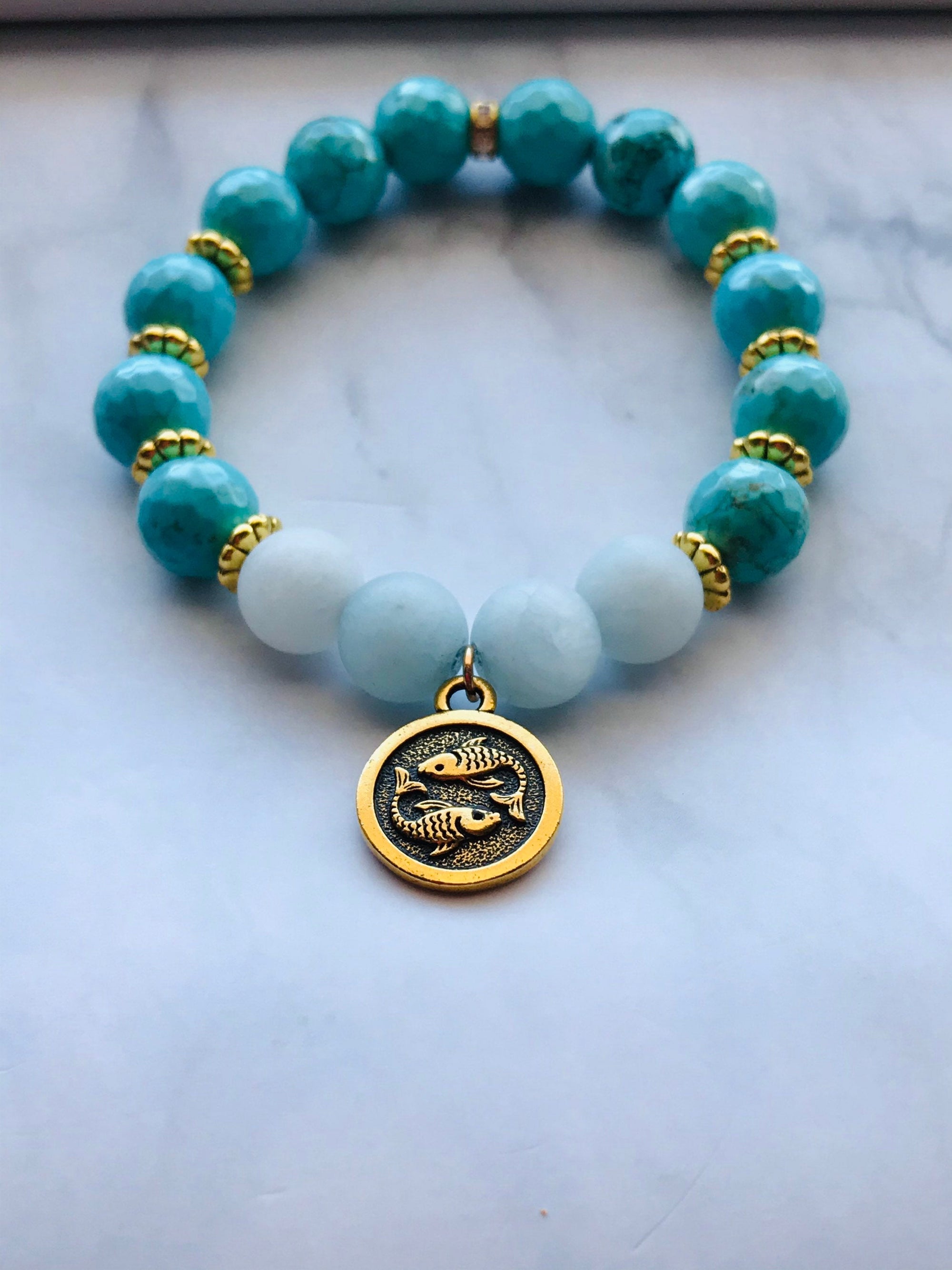 Turquoise and Aquamarine Handmade Gemstone Bracelet, Energy Bracelet, Gemstone Bracelet, Beaded Bracelet with Pisces Charm
