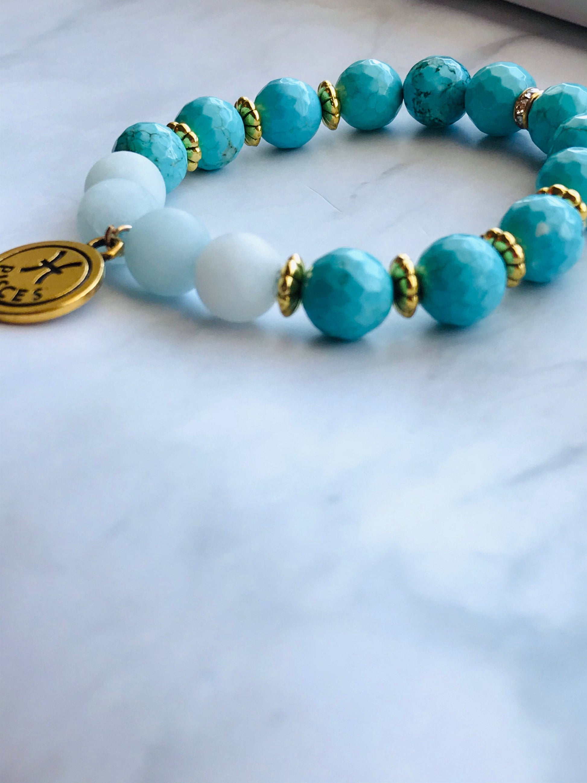 Turquoise and Aquamarine Handmade Gemstone Bracelet, Energy Bracelet, Gemstone Bracelet, Beaded Bracelet with Pisces Charm