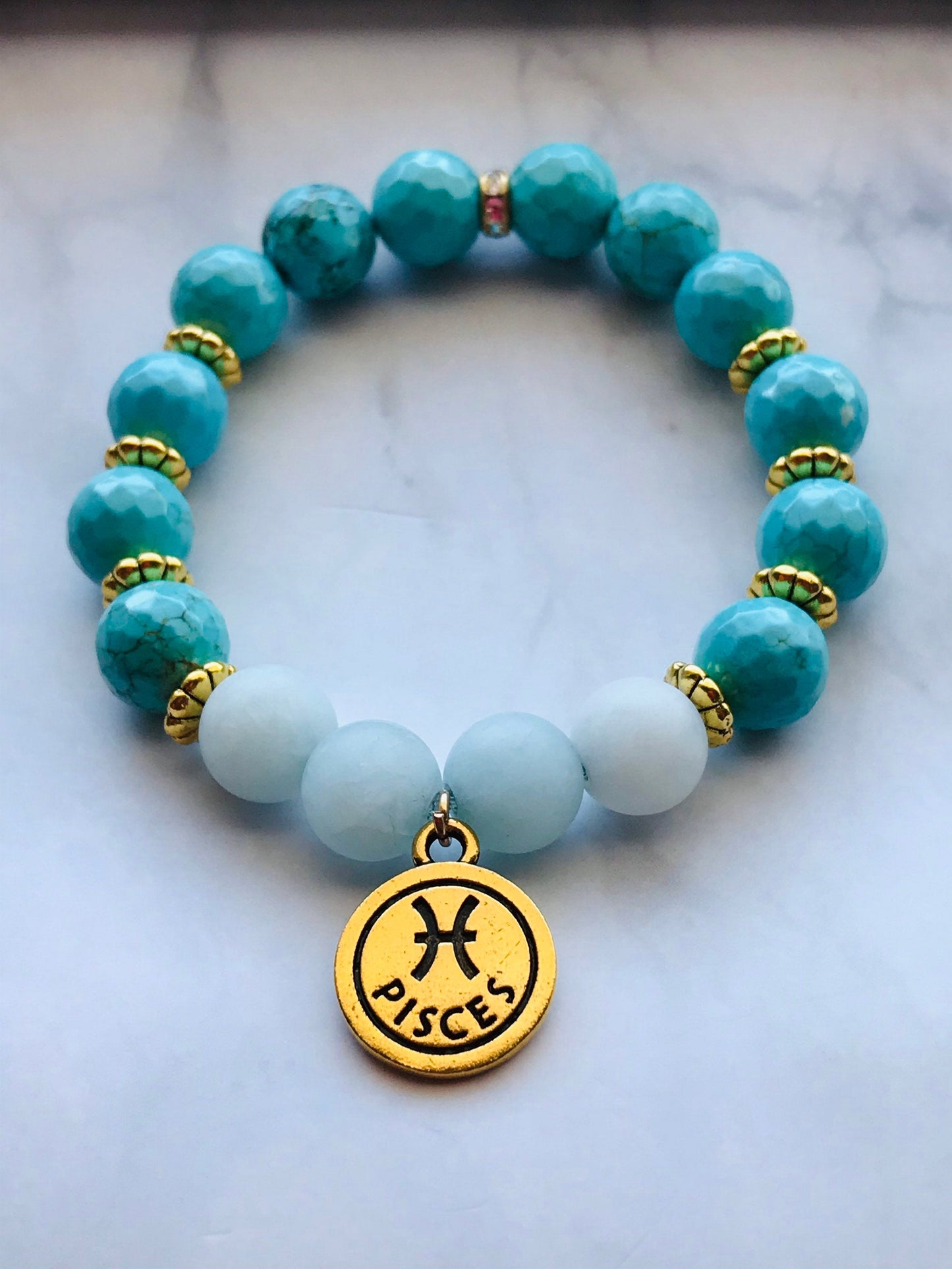 Turquoise and Aquamarine Handmade Gemstone Bracelet, Energy Bracelet, Gemstone Bracelet, Beaded Bracelet with Pisces Charm