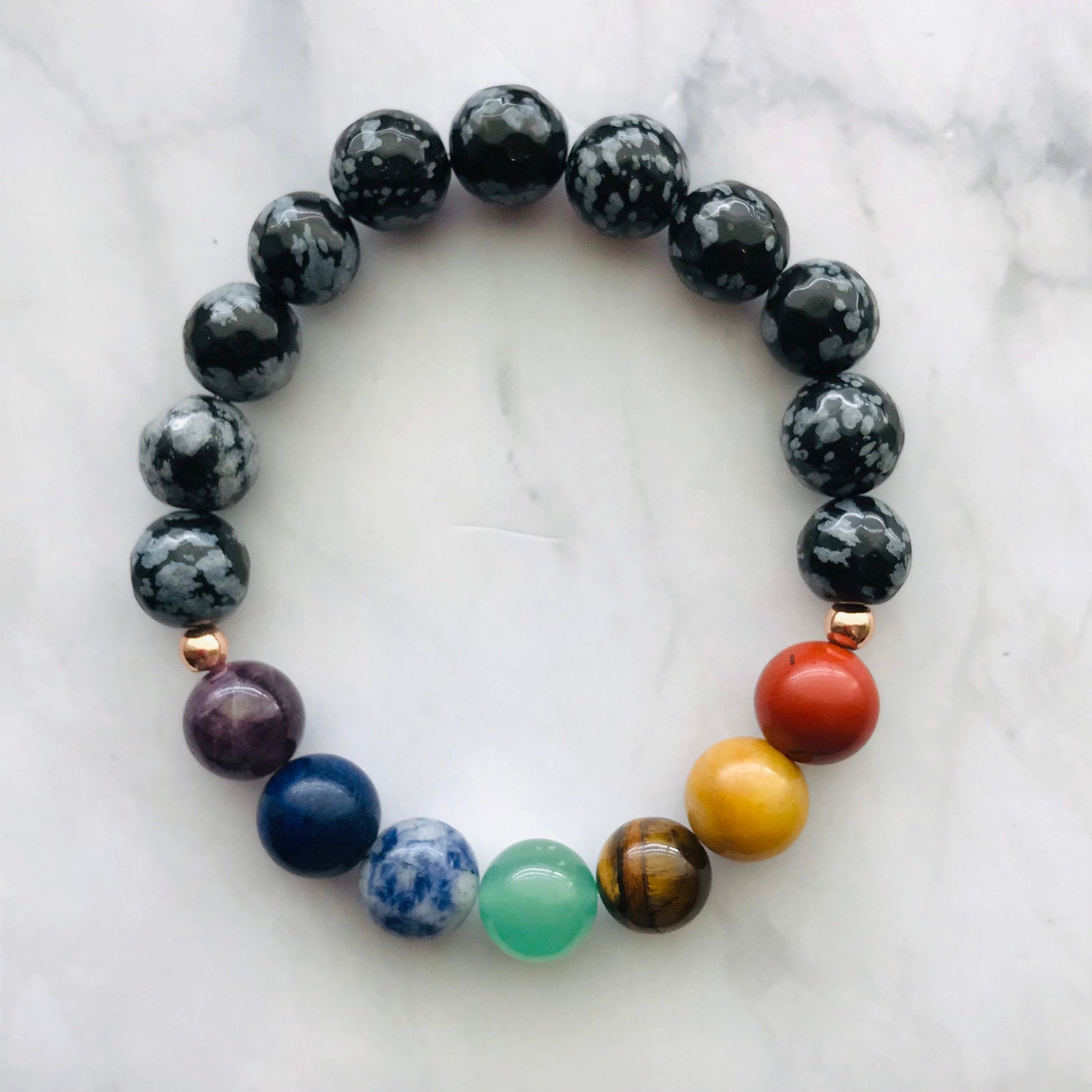 Chakra Healing Bracelet Amethyst, Lapis, Sodalite, Aventurine, Tigers Eye, Yellow Jade, Red Jasper,  & Snowflake Obsidian Chakra Bracelet