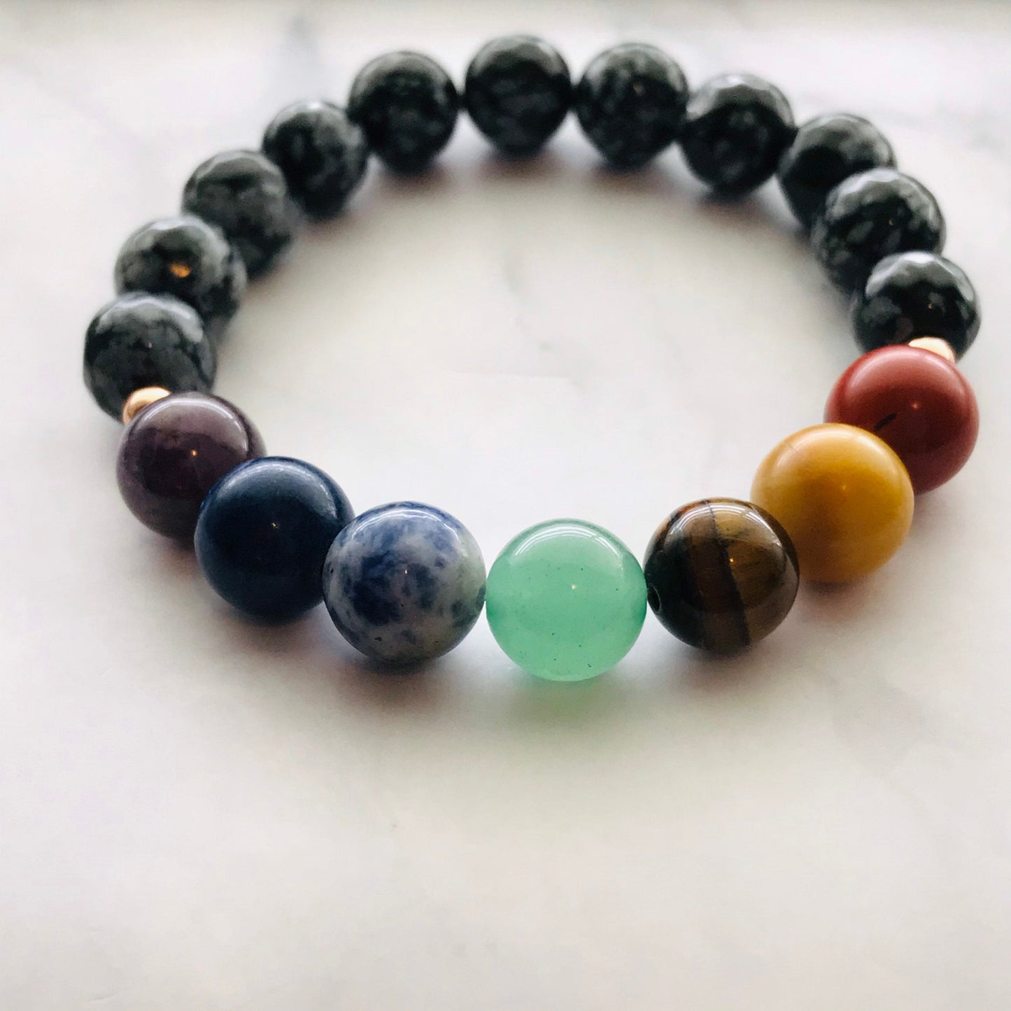 Chakra Healing Bracelet Amethyst, Lapis, Sodalite, Aventurine, Tigers Eye, Yellow Jade, Red Jasper,  & Snowflake Obsidian Chakra Bracelet