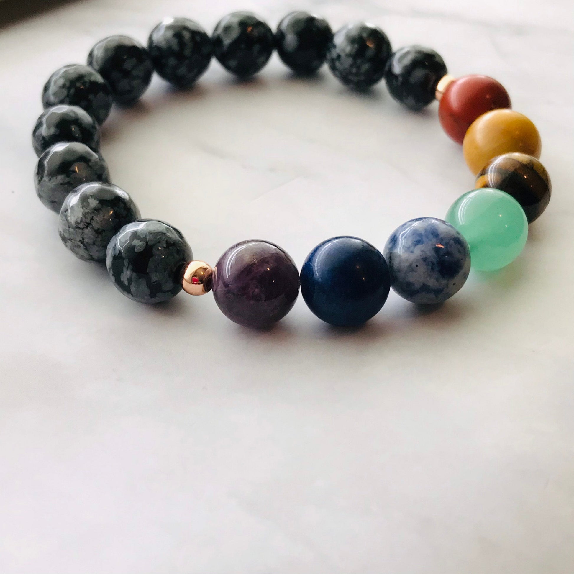 Chakra Healing Bracelet Amethyst, Lapis, Sodalite, Aventurine, Tigers Eye, Yellow Jade, Red Jasper,  & Snowflake Obsidian Chakra Bracelet