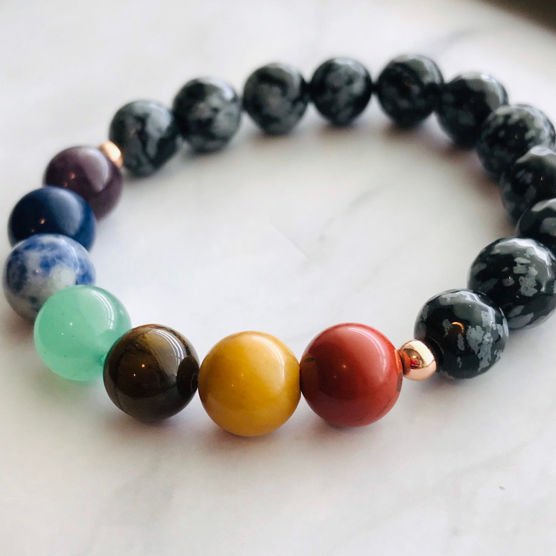 Chakra Healing Bracelet Amethyst, Lapis, Sodalite, Aventurine, Tigers Eye, Yellow Jade, Red Jasper,  & Snowflake Obsidian Chakra Bracelet