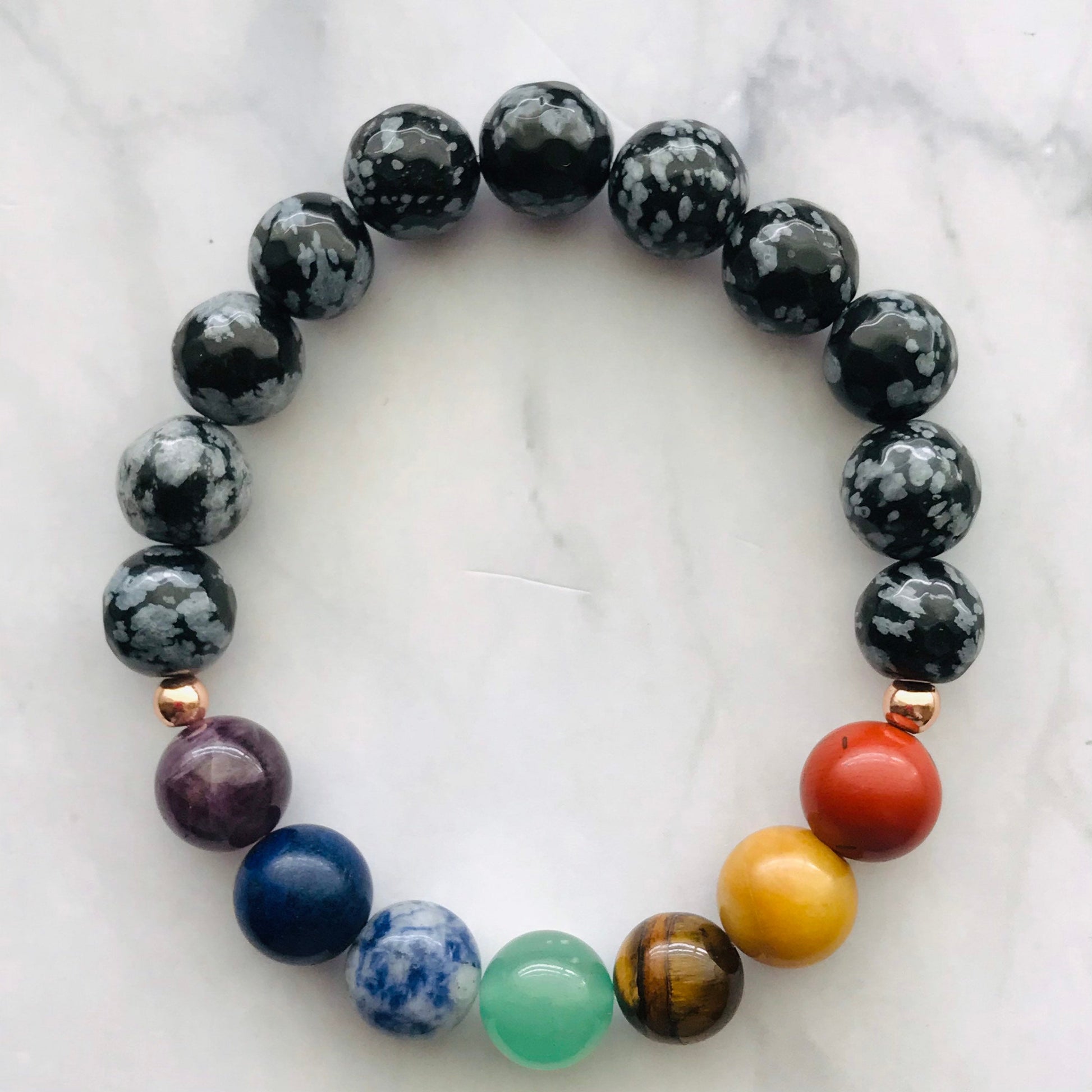 Chakra Healing Bracelet Amethyst, Lapis, Sodalite, Aventurine, Tigers Eye, Yellow Jade, Red Jasper,  & Snowflake Obsidian Chakra Bracelet