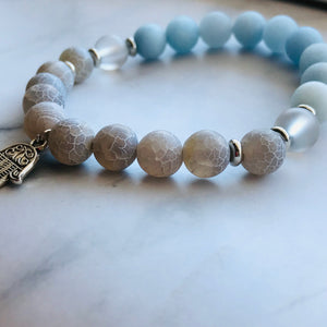 Handmade Gray Agate, Aquamarine, Clear Quartz Energy Healing Gemstone Bracelet
