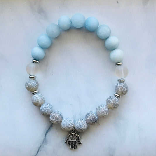 Handmade Gray Agate, Aquamarine, Clear Quartz Energy Healing Gemstone Bracelet - PharosMoon