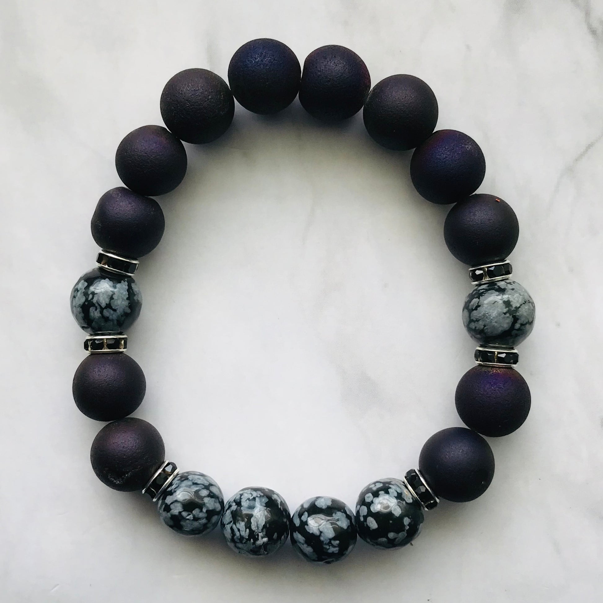 Handmade Third Eye Chakra - Druzy Agate & Snowflake Obsidian Gemstone Bracelet - PharosMoon