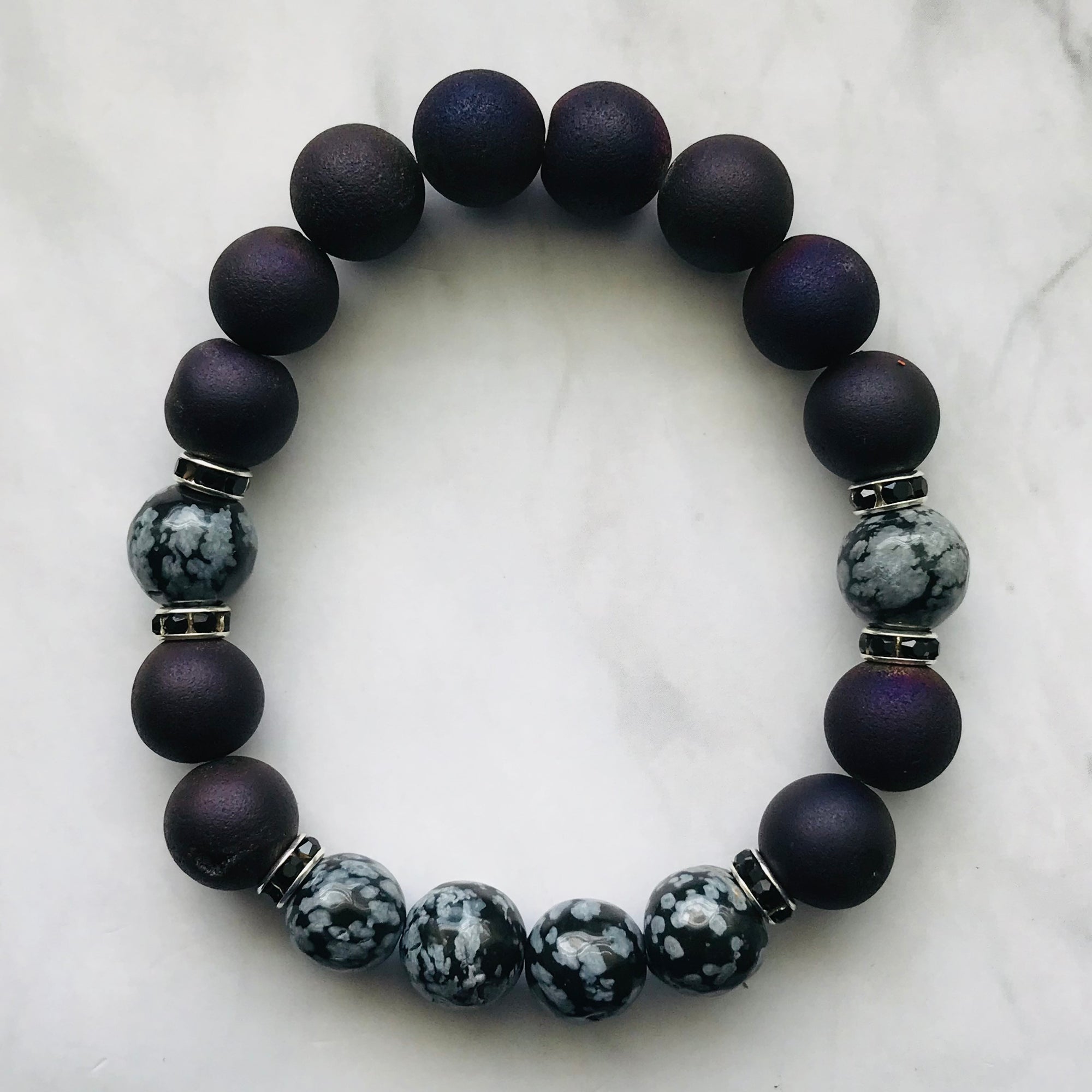 Handmade Third Eye Chakra - Druzy Agate & Snowflake Obsidian Gemstone Bracelet