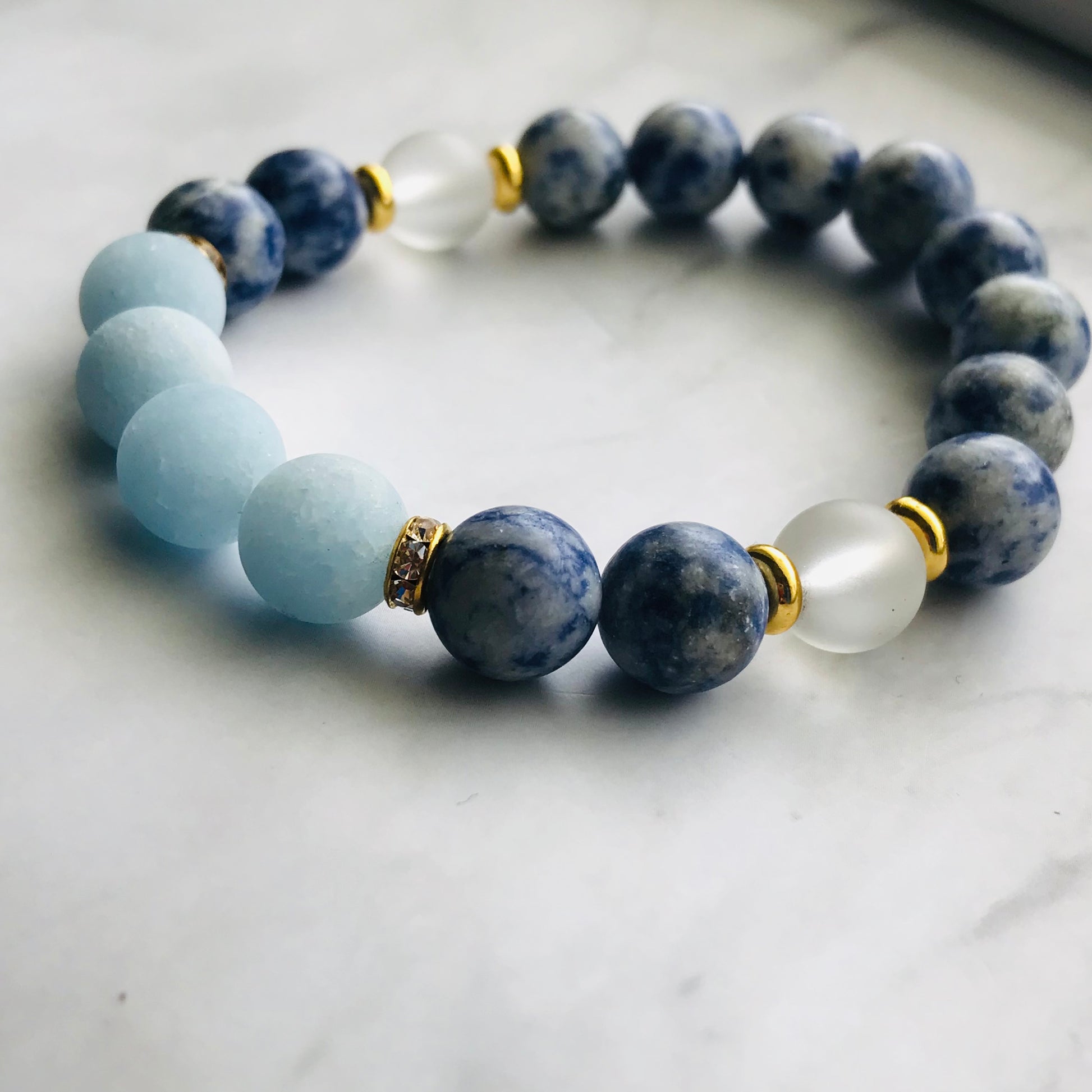 Handmade Throat Chakra - Aquamarine, Clear Quartz, & Soldalite Gemstone Bracelet - PharosMoon