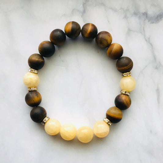 Handmade Solar Plexus Chakra -Yellow Calcite & Tiger's Eye Gemstone Bracelet - PharosMoon