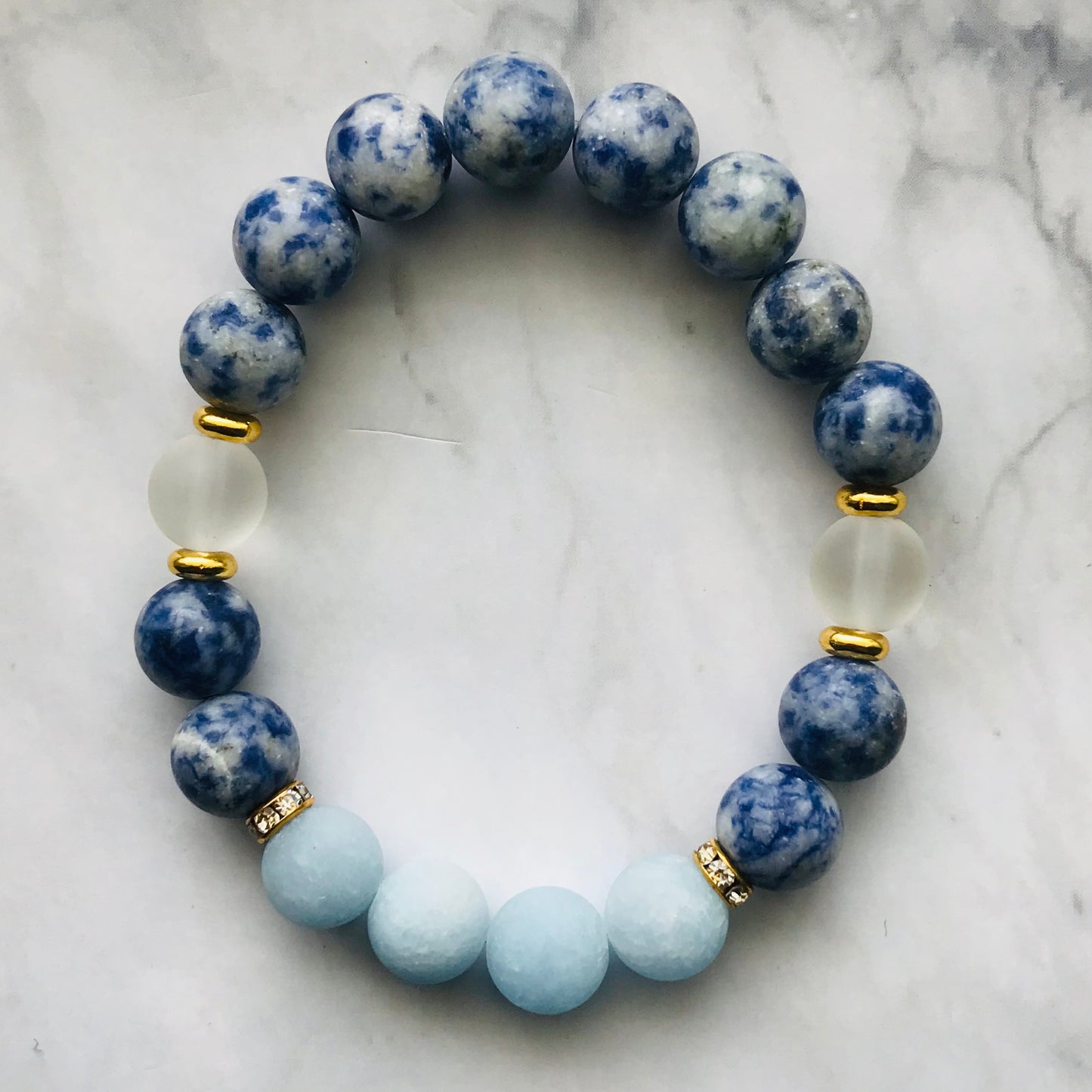 Handmade Throat Chakra - Aquamarine, Clear Quartz, & Soldalite Gemstone Bracelet - PharosMoon