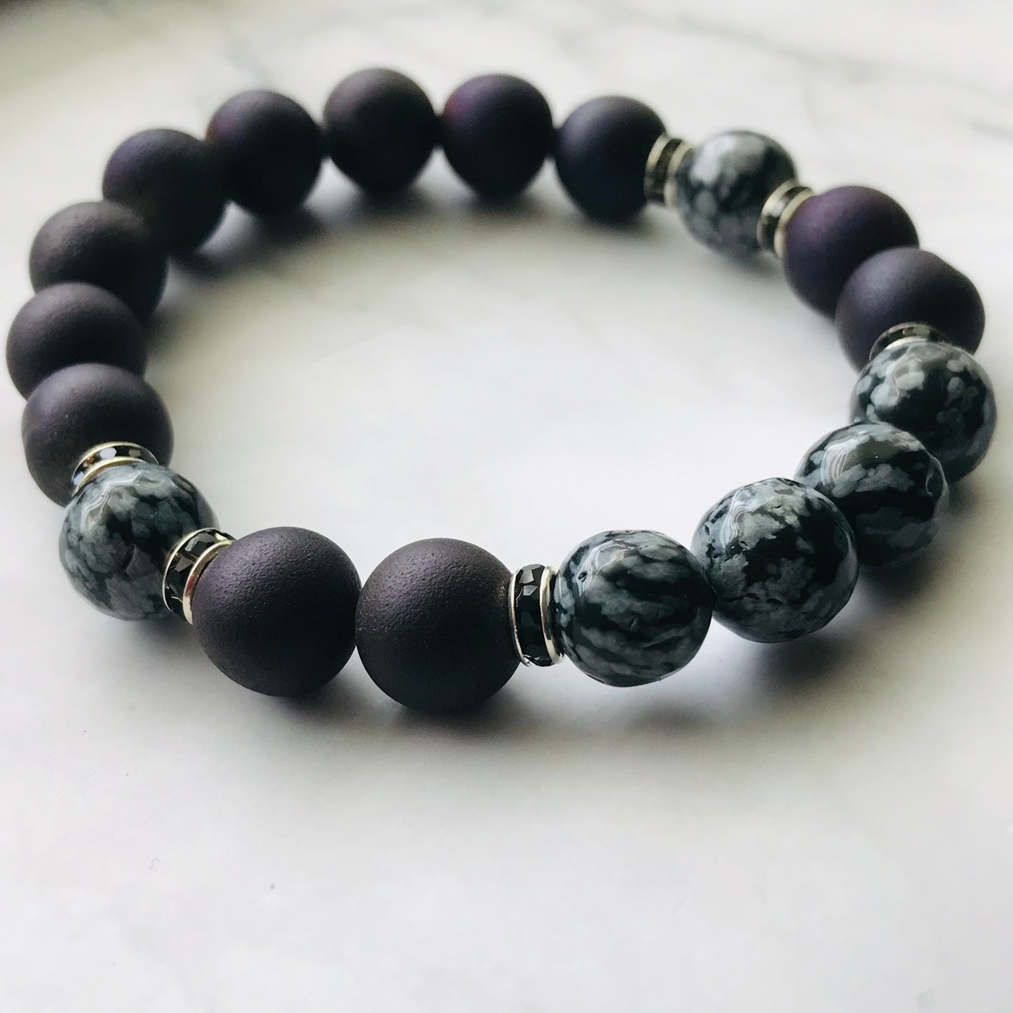 Handmade Third Eye Chakra - Druzy Agate & Snowflake Obsidian Gemstone Bracelet - PharosMoon