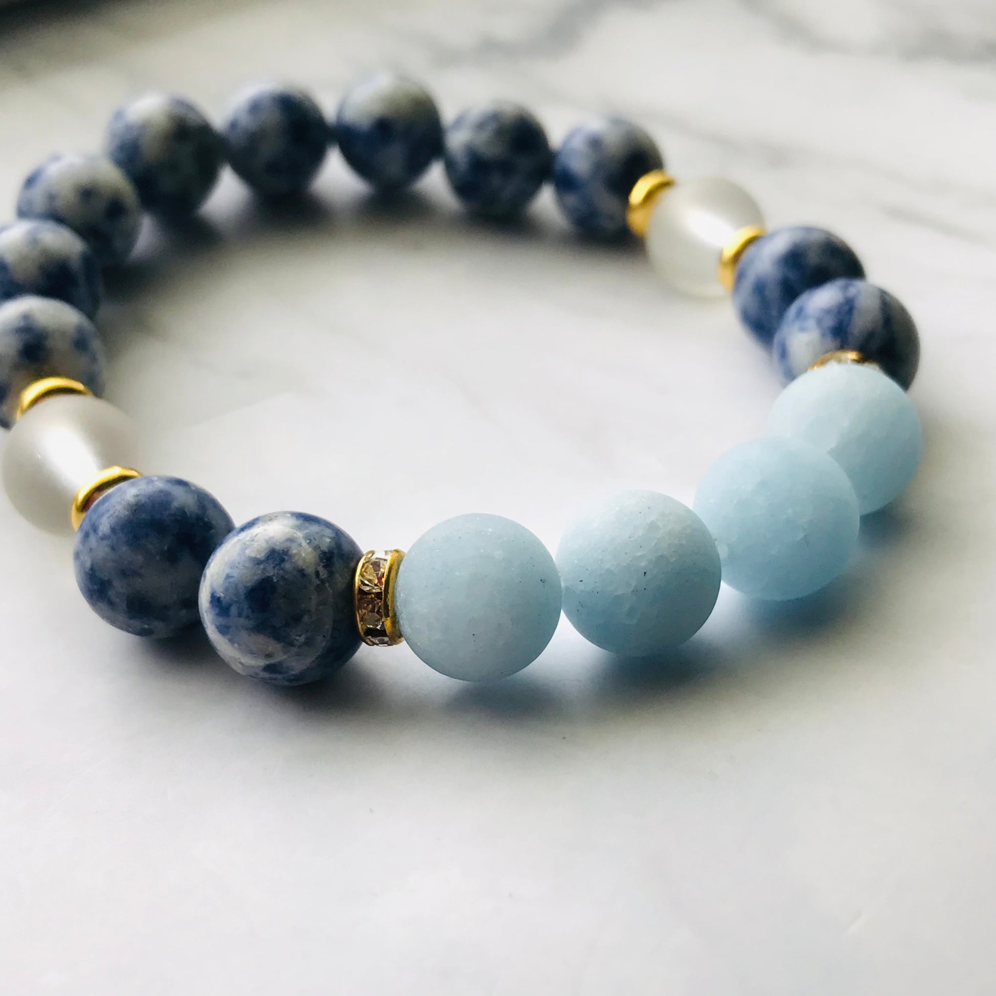 Handmade Throat Chakra - Aquamarine, Clear Quartz, & Soldalite Gemstone Bracelet - PharosMoon