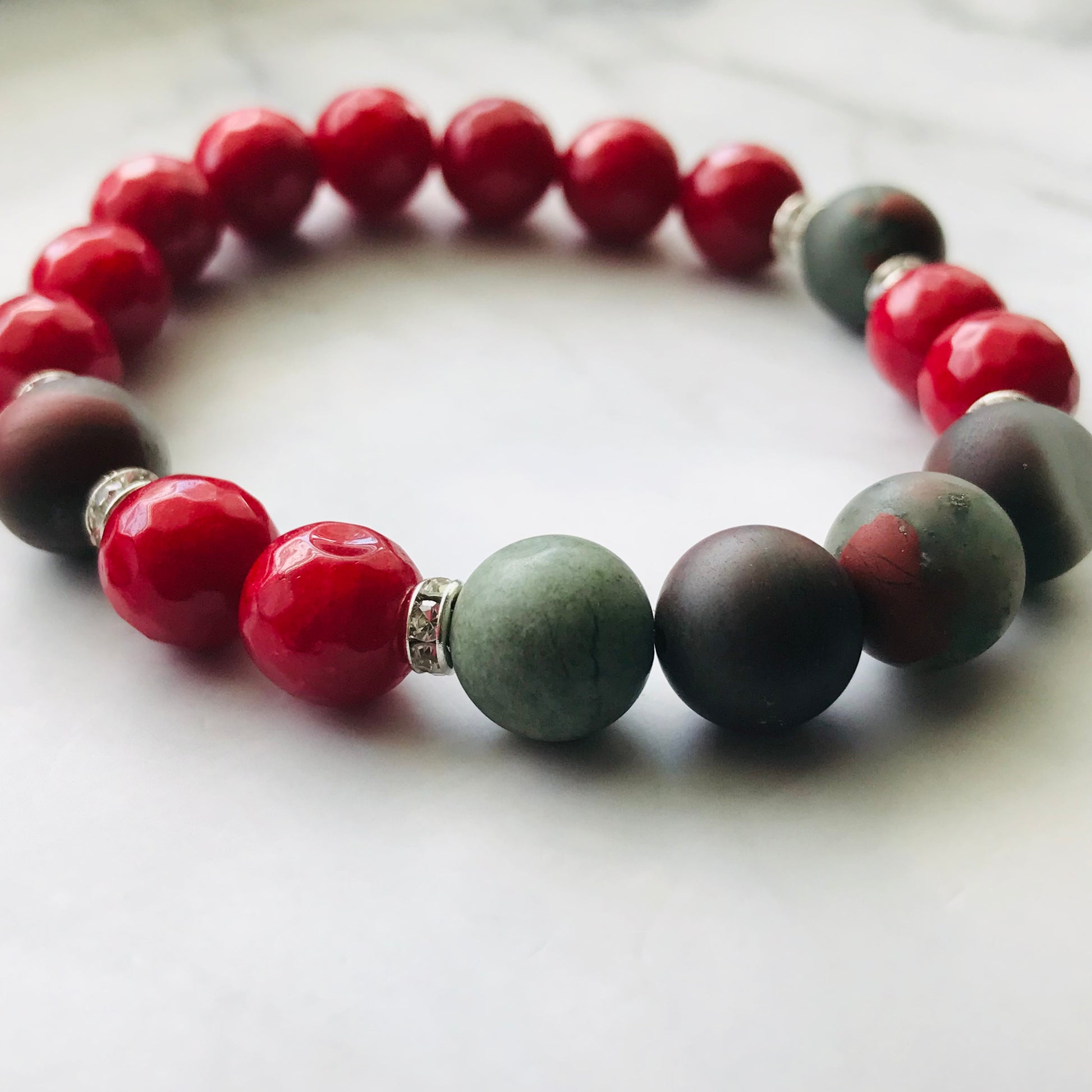 Handmade Root Chakra -Bloodstone & Red Jade Gemstone Bracelet - PharosMoon