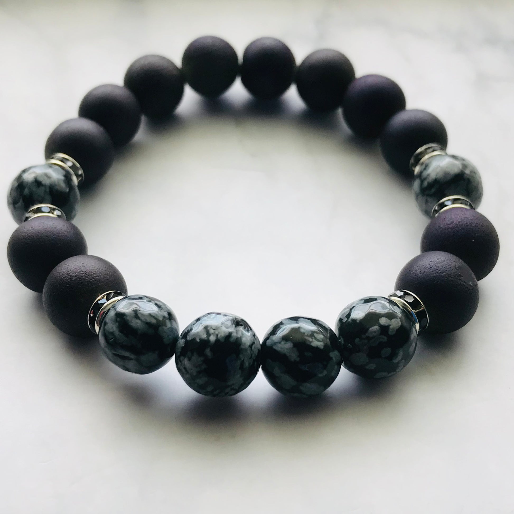 Handmade Third Eye Chakra - Druzy Agate & Snowflake Obsidian Gemstone Bracelet - PharosMoon