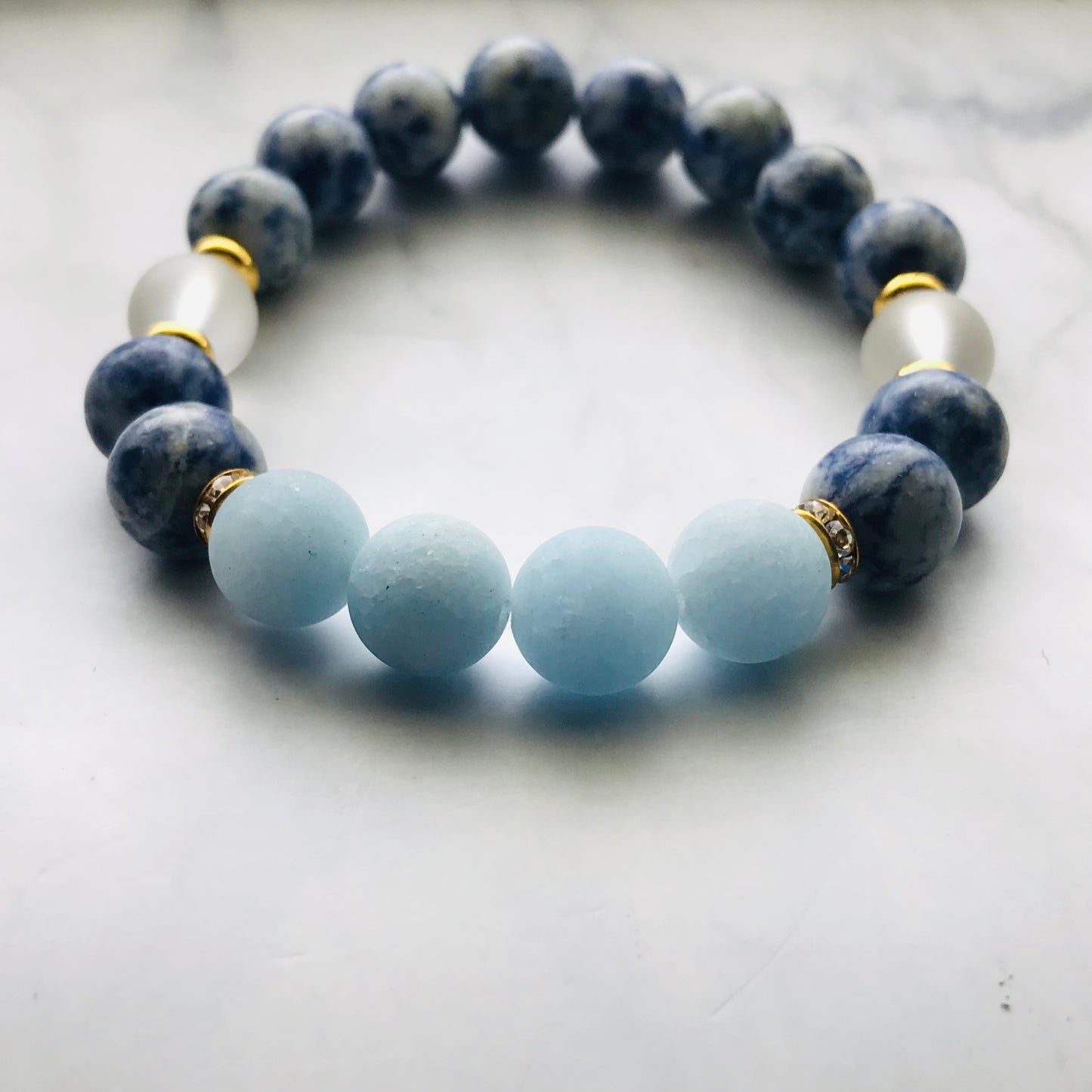 Handmade Throat Chakra - Aquamarine, Clear Quartz, & Soldalite Gemstone Bracelet - PharosMoon