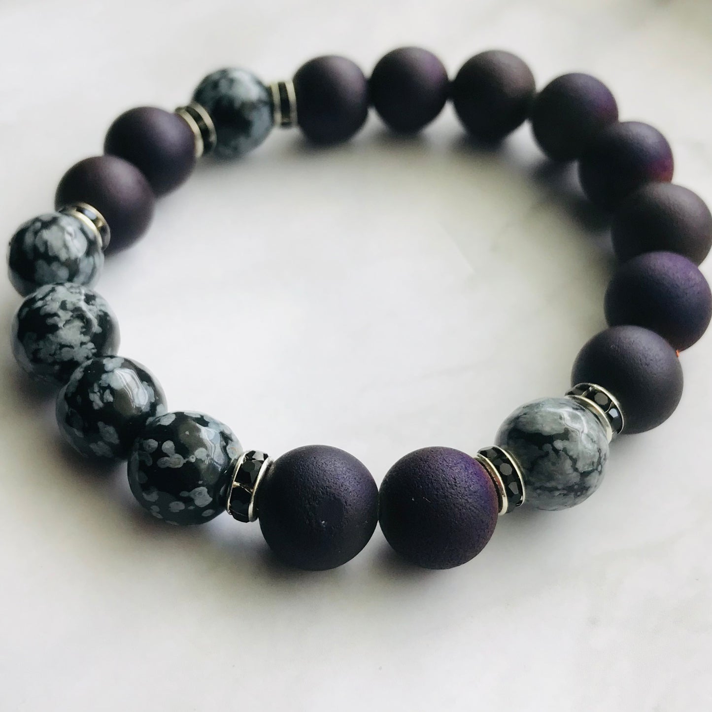 Handmade Third Eye Chakra - Druzy Agate & Snowflake Obsidian Gemstone Bracelet - PharosMoon